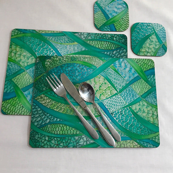 Sea Green Table Mats, Place Settings, Coasters, Mugs, Chopping Boards, Trivets, Round Table Mats, Mouse Mats. Emerald Aqua Teal Lime Turquoise
