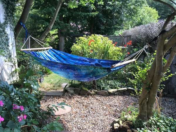 Gorgeous Blue Green Reversible Hammock - featuring Blue Shoal on one side and Dragonflies on the reverse.