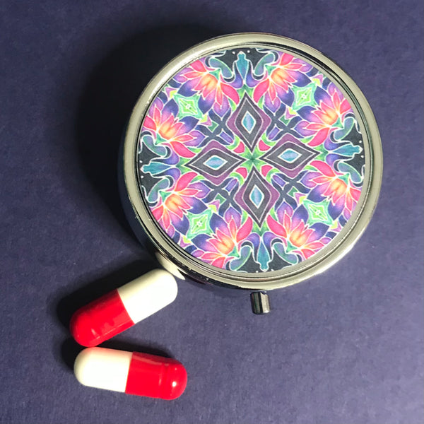 Pink Purple Green Fiesta Compact Pill Box - Stud Earing Jewellery Box