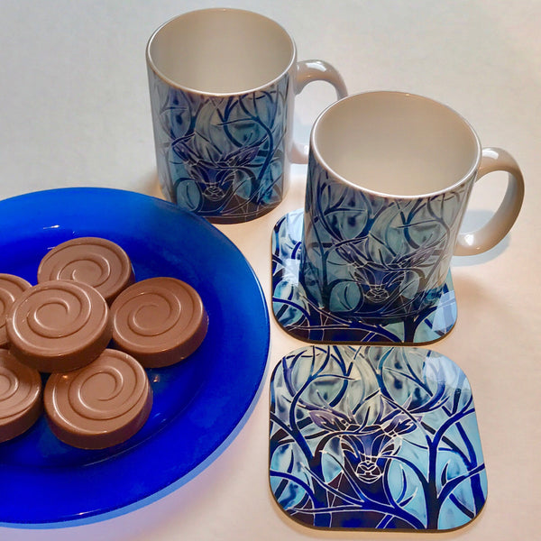 Stag Mug and Coaster box set or mug only - Blue Mug Set - Wild Stag Mug Gift - Woodland Lovers gift