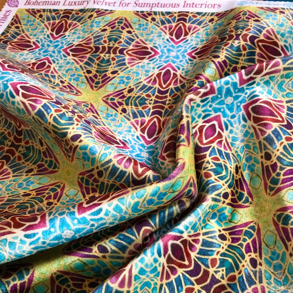 Teal Green Red Lime Gold 'Diamond Butterflies' Designer 100% Cotton Satin fabric for curtains, upholstery and soft furnishings