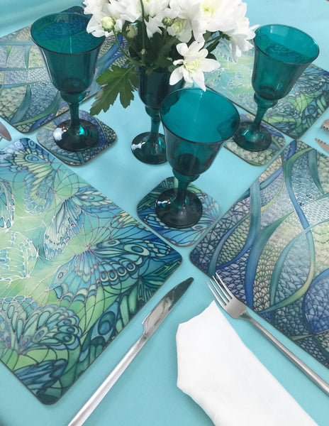 Sea Green Table Mats, Place Settings, Coasters, Mugs, Chopping Boards, Trivets, Round Table Mats, Mouse Mats. Emerald Aqua Teal Lime Turquoise