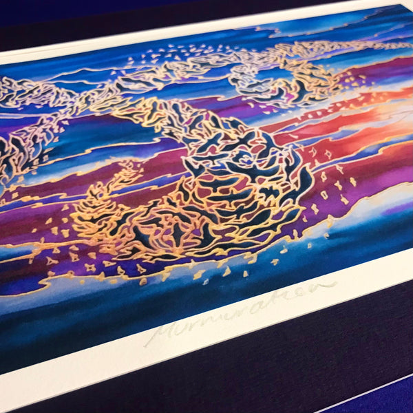 Flying Birds Murmuration Signed Print - Blue Purple Red Gold Print Art