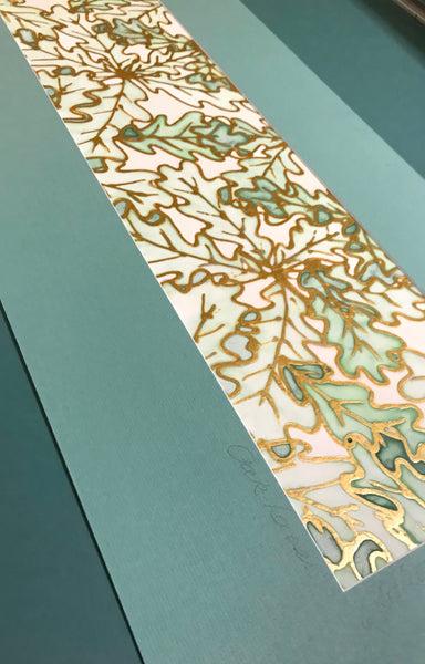 Green Oak Leaves Original Silk Painting - green gold Hand-Painted Silk Art -