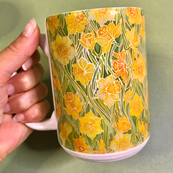 Extra Large Daffodils Mug. Yellow Green mugs in BIG & standard sizes.  mug & coaster box set. nature lovers gift set. Gardeners gift. flower lovers gift. gift for him. gift for teacher. gift for her. tea coffee lovers gift.