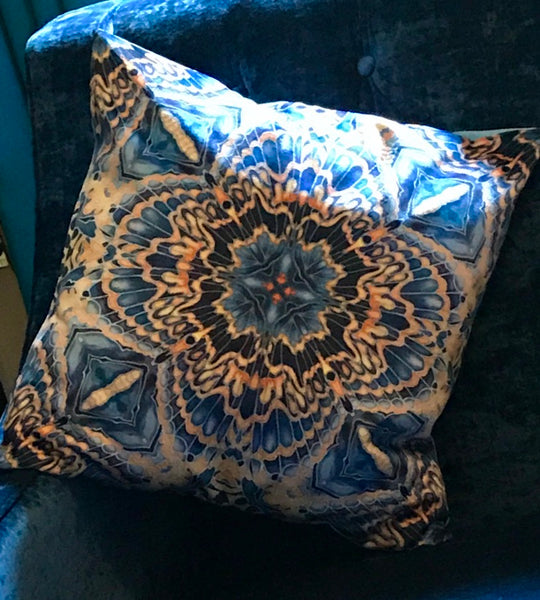 Contemporary Grey Blue Orange Velvet Cushions - Dramatic Moth Kaleidoscope Design Luxury Velvet Cushions
