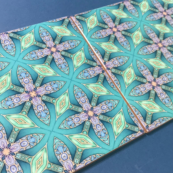 Arts and Crafts Style Aqua Green Turquoise Lilac Fretwork Petal Cross Tiles - Beautiful Green Turquoise Tiles - Bohemian Ceramic printed  Tiles