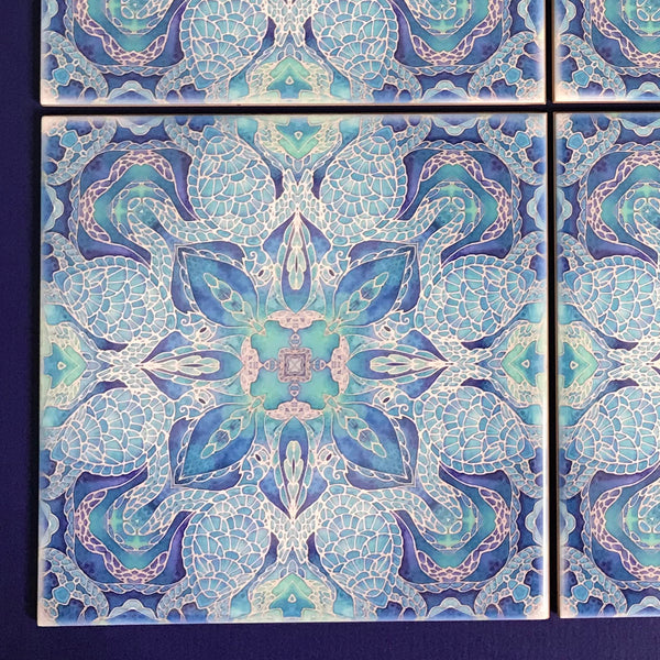Blue turtle mandala tiles 6x6” squares with a smooth shiny surface, gorgeous aqua ultramarine & royal blue shades, hand printed by Meikie in her Studio. Perfect for a bathroom makeover as a full wall, border or individual tiles set into plain tiles.