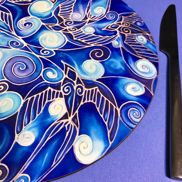 Table Mats Cobolt Blue -  Blue Swallows Place Mats - Blue Glass Chopping Boards -Swallows Coasters