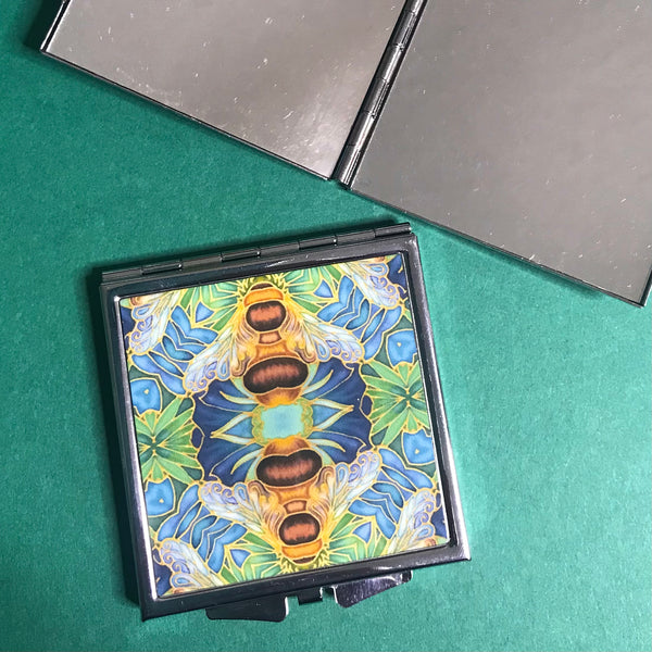 Blue Green Gold Bumble Bee Pocket Mirror - Pretty Handbag Mirror - Gift for Her