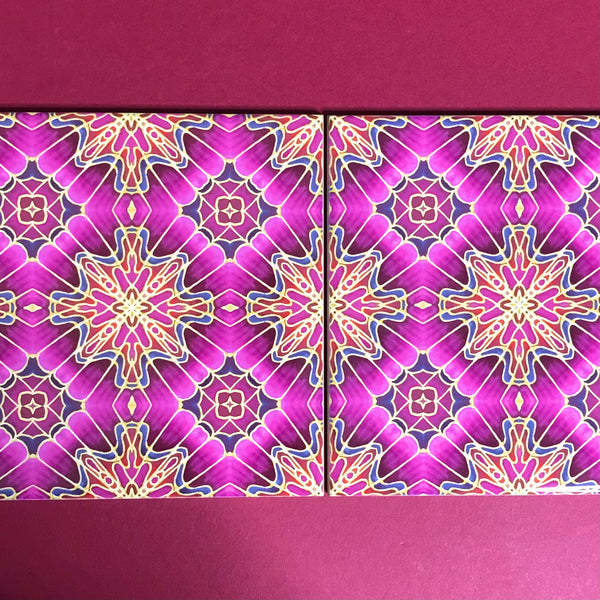 Fiesta Magenta Bathroom Tiles - Bohemian Pink Red Blue and Gold  Kitchen Tiles - Orchid Repeat Decorative Tiles