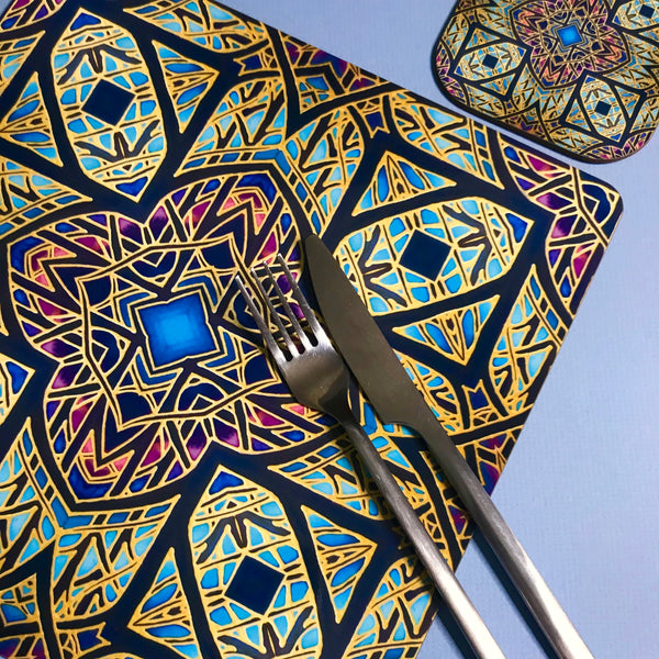 Kaleidoscope Butterfly Square Table Mats & Coasters - Lilac Charcoal Pink and Green Table Mats