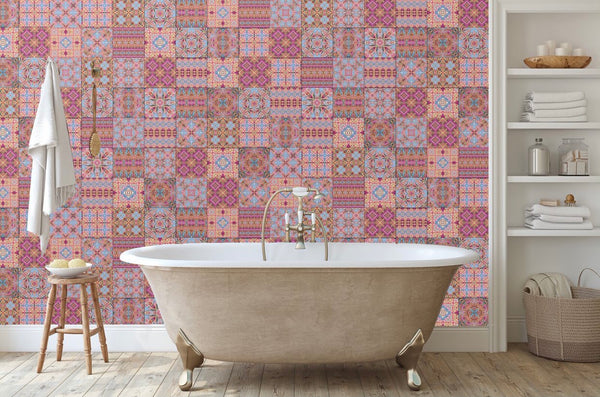 Pink Sunset Inspired Set of 20 Ceramic Tiles - Bohemian Blue Pink and Gold Warm Gentle Bohemian Kitchen Tiles