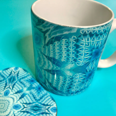 Cool aqua patterned mug and coaster box set or Mug only - Colourful Mug Set - Blue Green Mug Gift