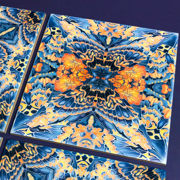 Contemporary Butterfly Tiles - Bold Orange Blue & Grey Ceramic Tiles - Beautiful Bohemian Printed Tiles