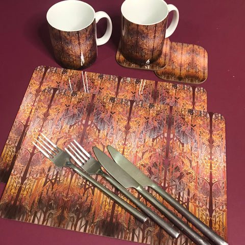 Forest Trees High Quality Table Mats and Coasters - Burgundy Terracotta Tableware - Copper Brown Burgundy Tableware