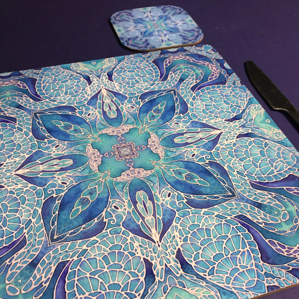 Blue Turtle Mandala Square Mats & Coasters - Sea Life Table Mats