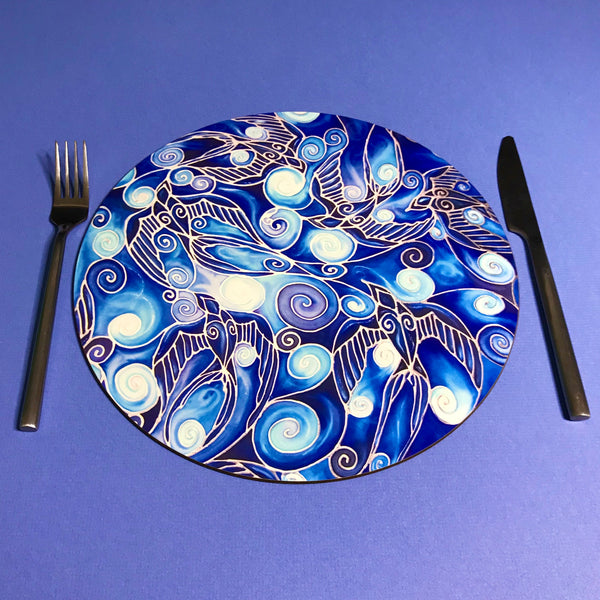 Table Mats Cobolt Blue -  Blue Swallows Place Mats - Blue Glass Chopping Boards -Swallows Coasters
