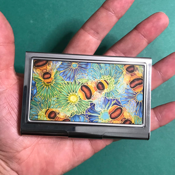 Bees and Flowers blue green business card holder