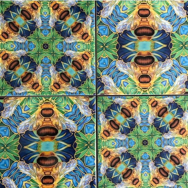 Blue green square 6x6”  mixed design bee tiles. Honey bee bathroom tiles. Bumble bee kitchen tiles. bathroom remodel. kitchen makeover. Hand printed by Meikie