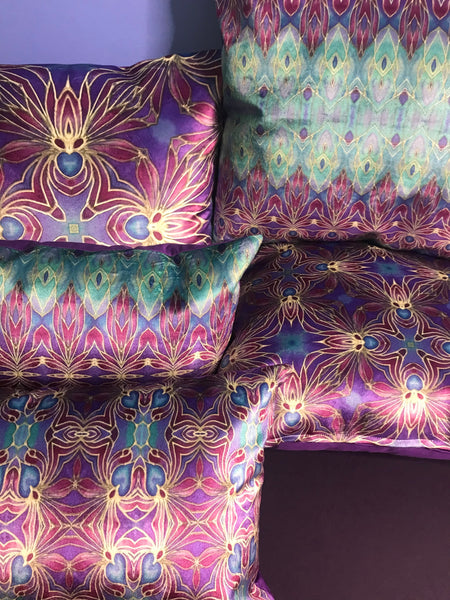 Set of Five Persian Orchid Purple and Turkish Blue  Luxury Velvet Cushions - Mediterranean Coloured Patterned Kaleidoscope Design