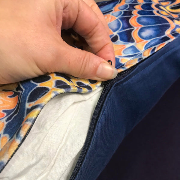 Contemporary Grey Blue Orange Velvet Cushions - Dramatic Moth Kaleidoscope Design Luxury Velvet Cushions