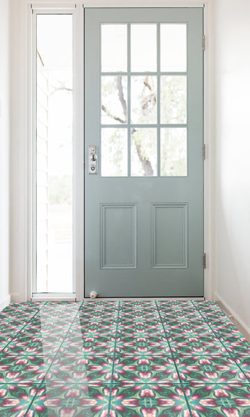 Art Nouveau Pink and Green Tulip Floor Tiles - 20x20cm Interior and Exterior