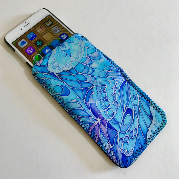 Butterflies glasses case turquoise - slip-on padded glasses cover - Reading or Large Glasses Cover