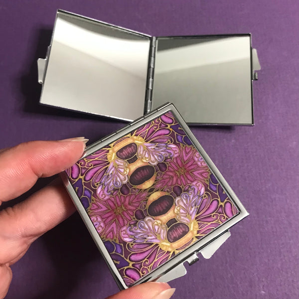 Pink Plum Gold Bumble Bee Pocket Mirror - Pretty Handbag Mirror - Gift for Her