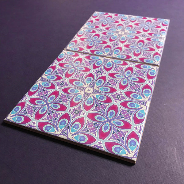 Lavender Plum Eye of the Peacock Feather Tiles - Blue Lilac Tiles  - Bohemian Nouveau Ceramic Hand Printed Tiles
