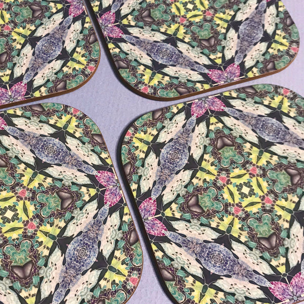 Kaleidoscope Butterfly Square Table Mats & Coasters - Lilac Charcoal Pink and Green Table Mats