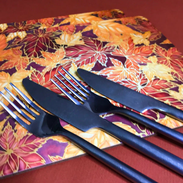 Terracotta Leaves Placemats & Coasters - Caramel Table Mats  - Heatproof glass chopping boards