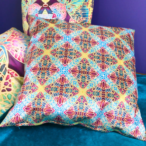 Teal Green Red Lime Gold 'Butterfly Roundels' Designer 100% Cotton Satin fabric for curtains, upholstery and soft furnishings