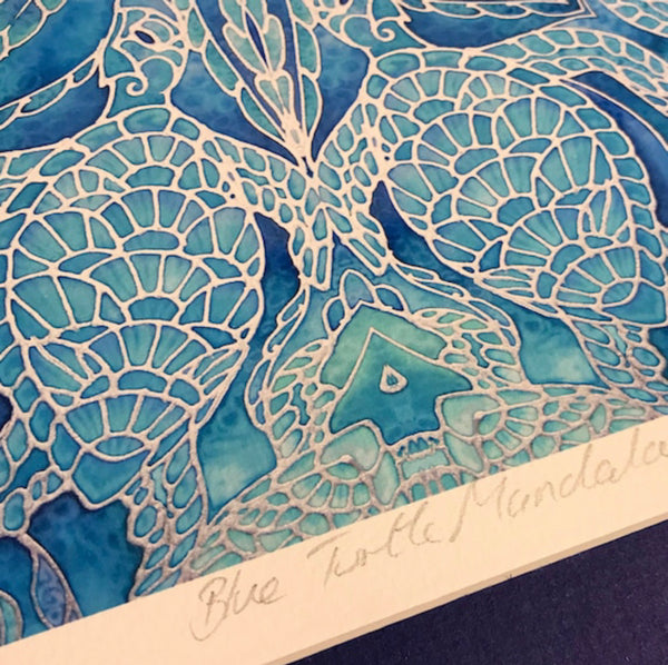 Blue Turtle Mandala Signed Print - Sea life Art - Blue Turtles Bathroom Art
