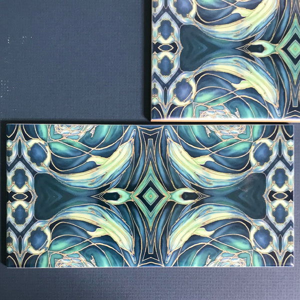 Blue Teal Dolphin Rectangular Tiles -  Ceramic Metro Brick Shaped Hand Printed Bathroom Kitchen Tiles