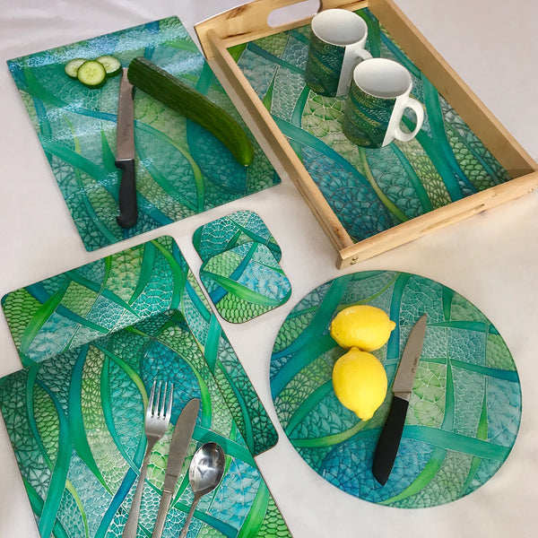 Sea Green Table Mats, Place Settings, Coasters, Mugs, Chopping Boards, Trivets, Round Table Mats, Mouse Mats. Emerald Aqua Teal Lime Turquoise