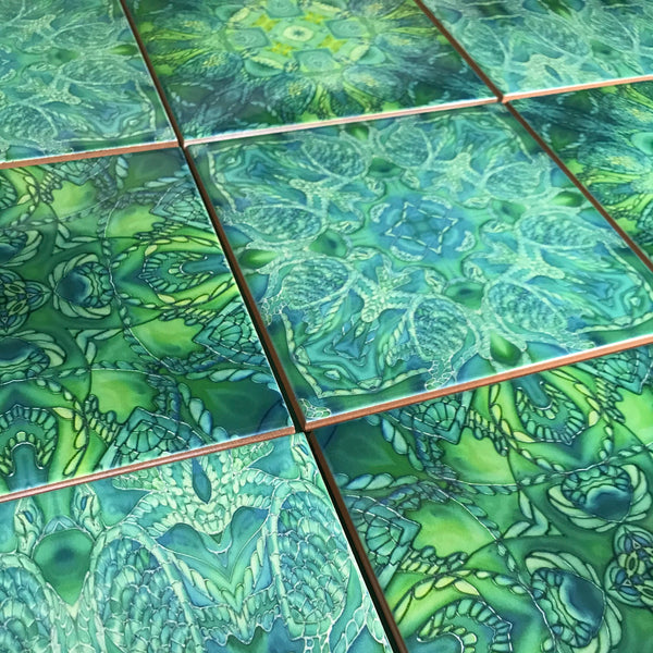 Green Turtle Kaleidoscope Mixed Tiles Set - Teal Mint Lime Tiles - Beautiful Tile - Bohemian Tiles