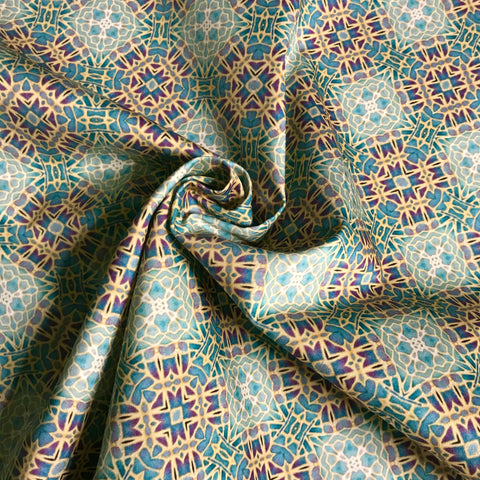Soft Teal Green Turquoise Lilac Gold 'Gentle Stars' Designer 100% Cotton Satin fabric for curtains, upholstery and soft furnishings