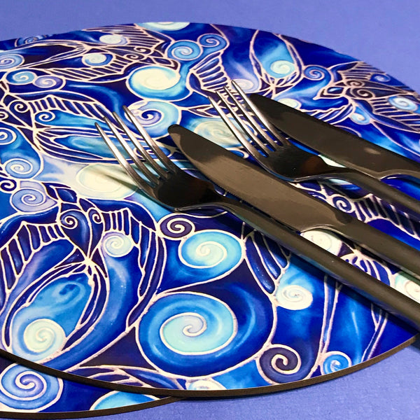 Table Mats Cobolt Blue -  Blue Swallows Place Mats - Blue Glass Chopping Boards -Swallows Coasters
