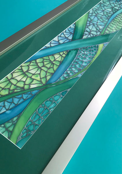 SOLD - Vibrant Green Contemporary Flowing Water Original Silk Painting - green turquoise Hand-Painted Silk Art -