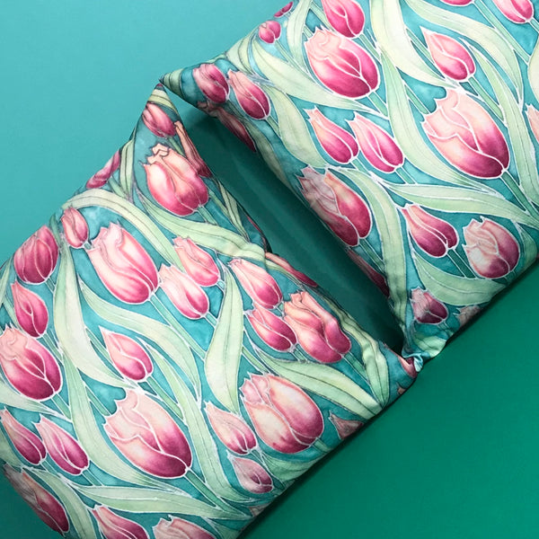 Pink Tulips cushion - printed onto suedette fabric - pink and mint green colours