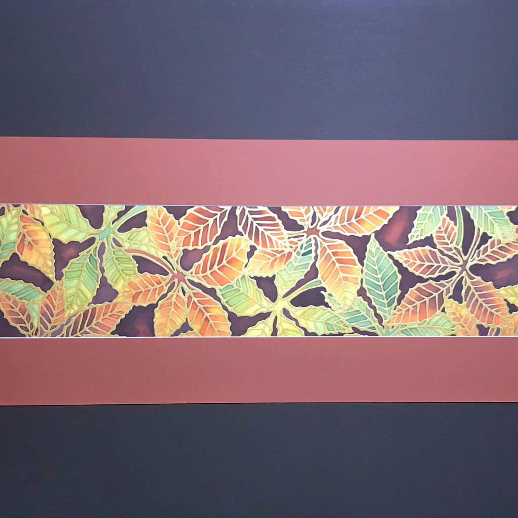 Warm Autumnal Beech Leaves Original Silk Painting - Terracotta rust green yellow gold Hand-Painted Silk Art -