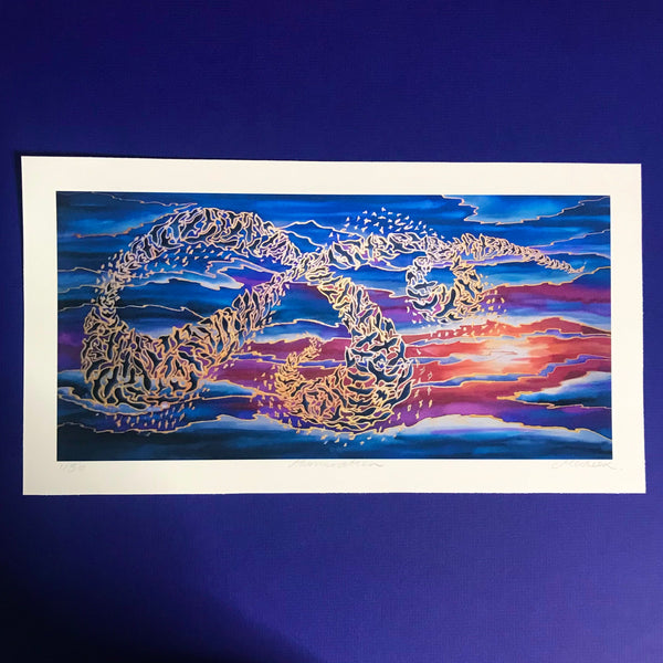 Flying Birds Murmuration Signed Print - Blue Purple Red Gold Print Art