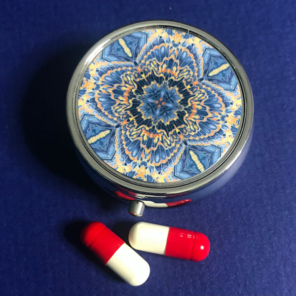 Contemporary Grey Blue Orange Butterfly Moth Pill Box - Cool Round Medicine Box - Stud Earing Jewellery Box - Mint Butterflies