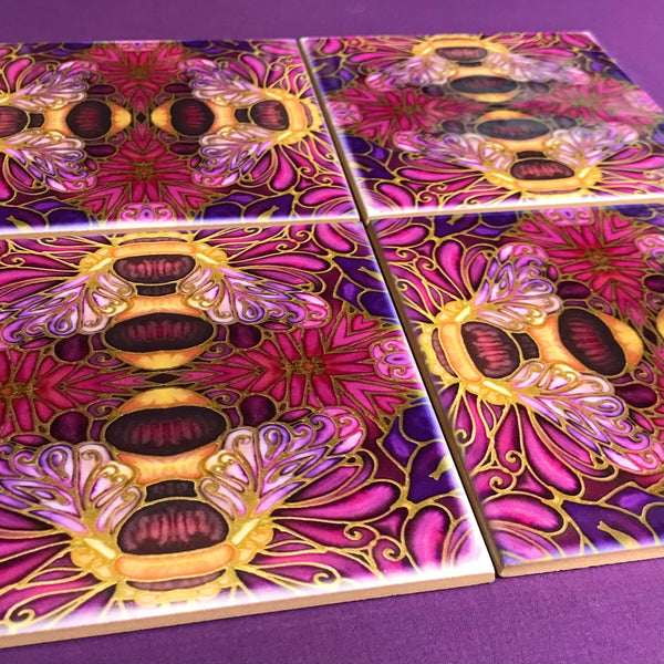 Plum gold square 6x6” bee tiles. Honey bee bathroom tiles. Bumble bee kitchen tiles. bathroom remodel. kitchen makeover. Hand printed by Meikie