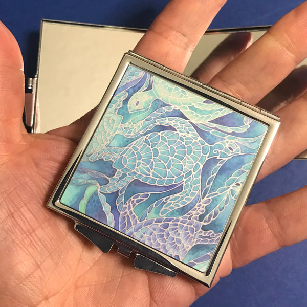 Blue Aqua Turtles Pocket Mirror - Sea Life Handbag Mirror - Gift for Her