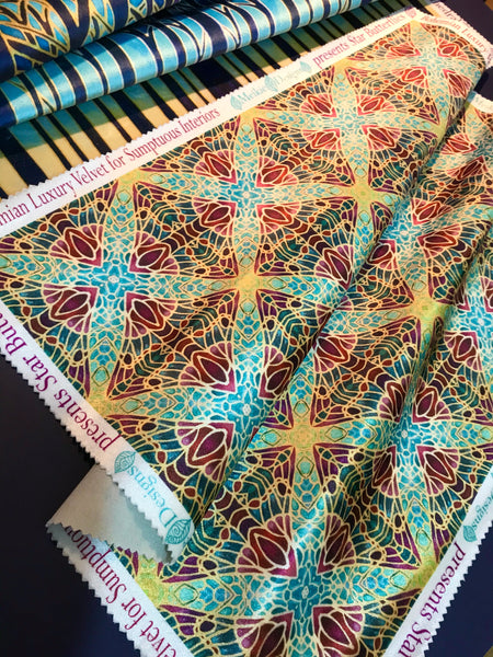 Teal Green Red Lime Gold 'Butterfly Bauble' Designer 100% Cotton Satin fabric for curtains, upholstery and soft furnishings