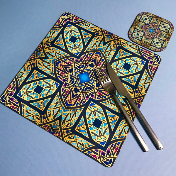 Kaleidoscope Butterfly Square Table Mats & Coasters - Lilac Charcoal Pink and Green Table Mats