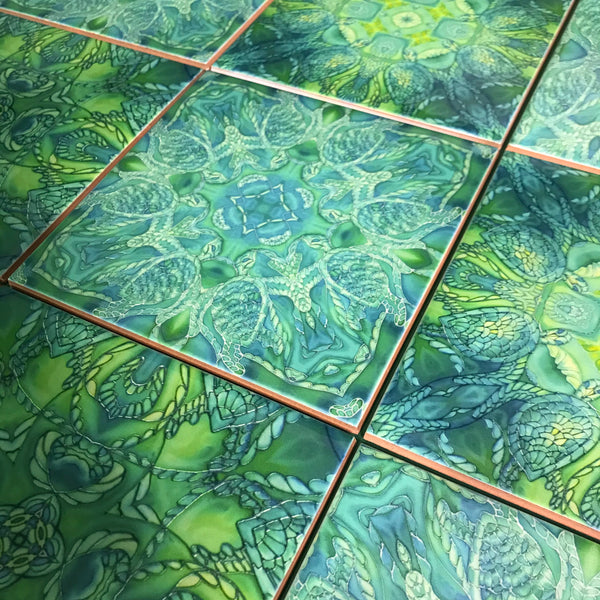 Green Turtle Kaleidoscope Mixed Tiles Set - Teal Mint Lime Tiles - Beautiful Tile - Bohemian Tiles