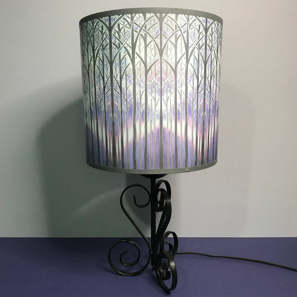 Calming Misty Trees Contemporary Lamp Shade - Lavender Lilac Grey Charcoal Drum Shade - Atmospheric lighting